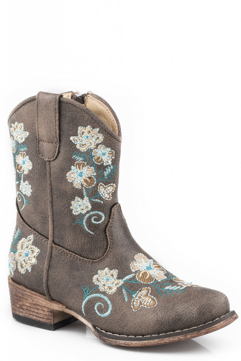 Roper Toddler Girls Vintage Brown/Floral Embroidery Faux Leather Boots
