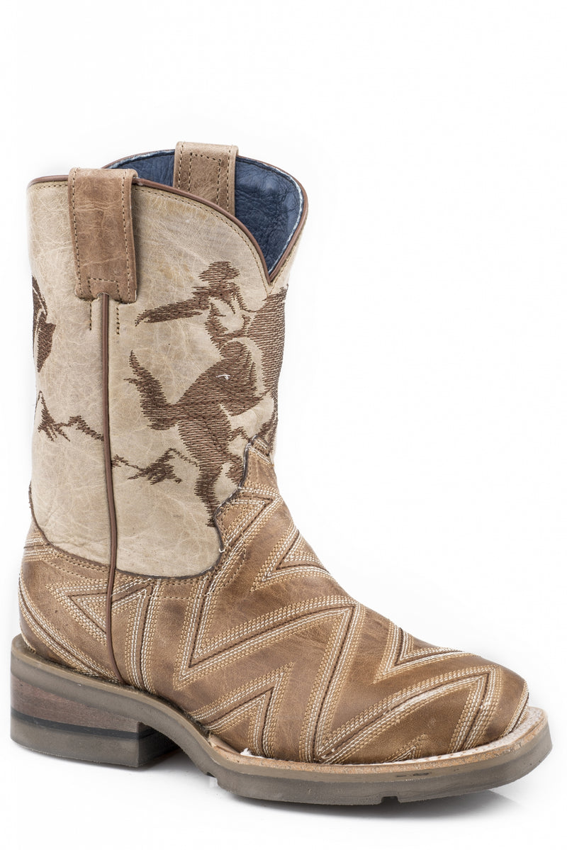 Roper Boys Stitched Burnished Tan/Embroidered Horse Rider Leather Boots