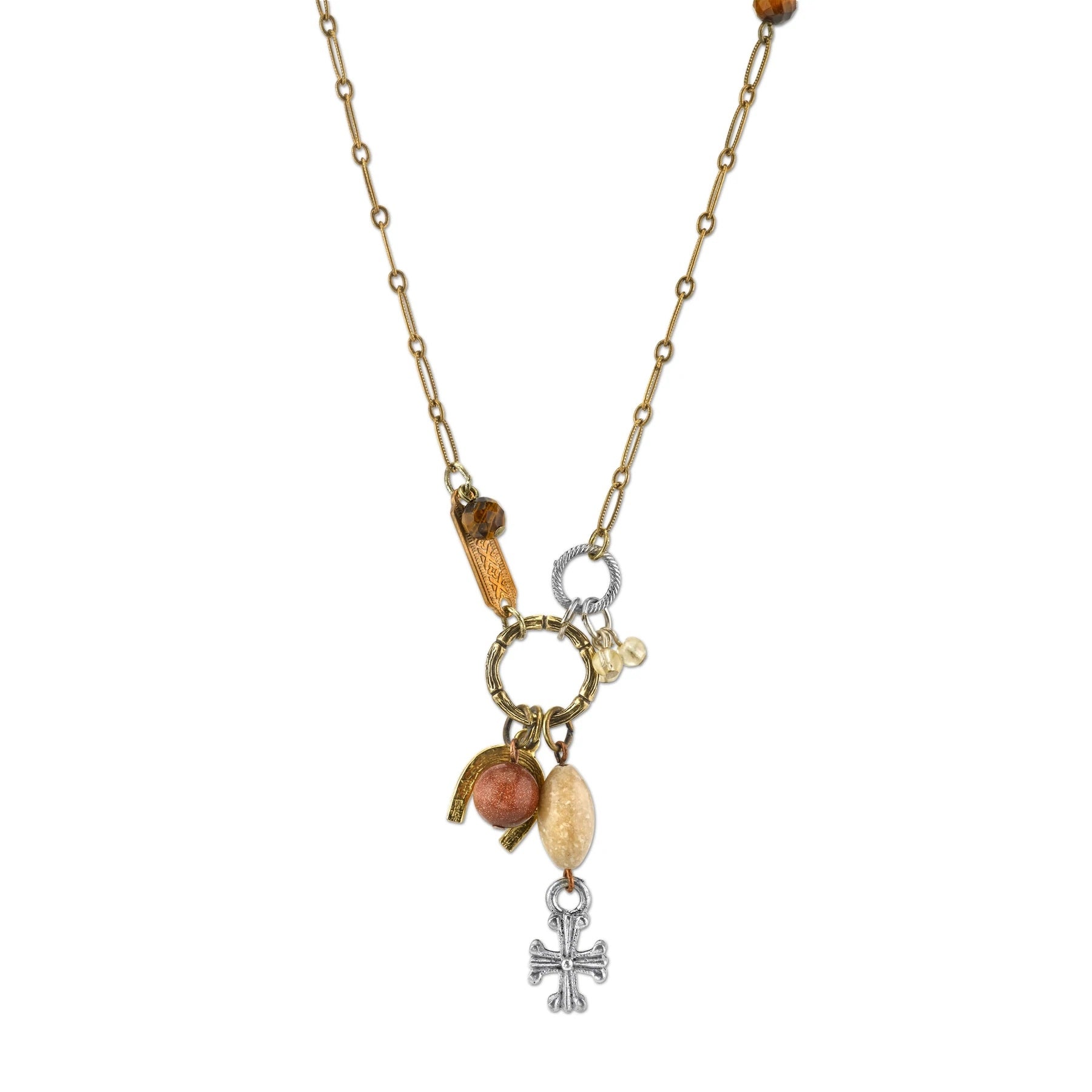 1928 Jewelry T.R.U. Talisman of Tenacity with Horseshoe Cross and Gemstone Beads Necklace