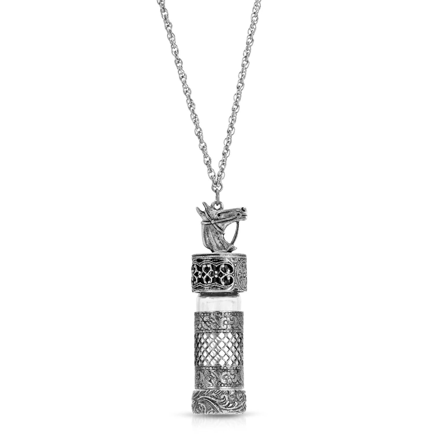 1928 Jewelry Horse Filigree Screw Cap Vial Necklace
