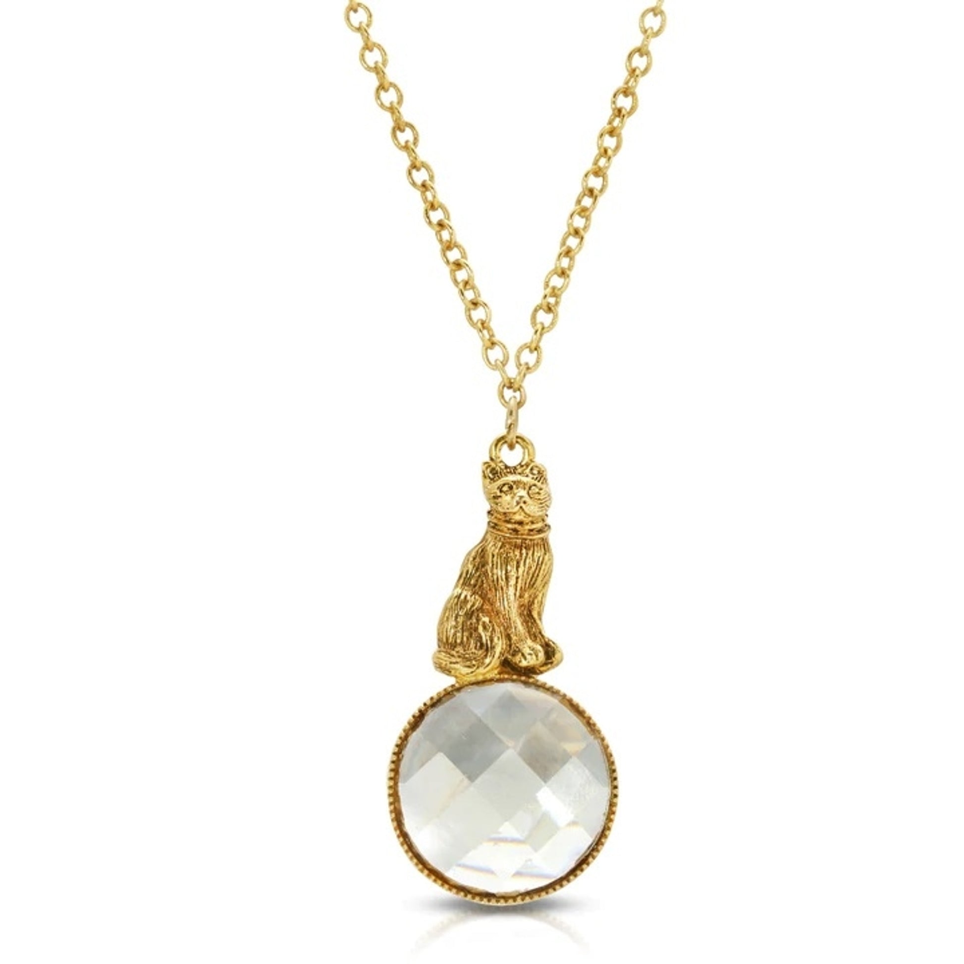 1928 Jewelry Sitting Cat On Round Light Topaz Stone Pendant Necklace