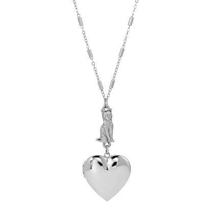 1928 Jewelry Sitting Cat And Heart Locket Necklace