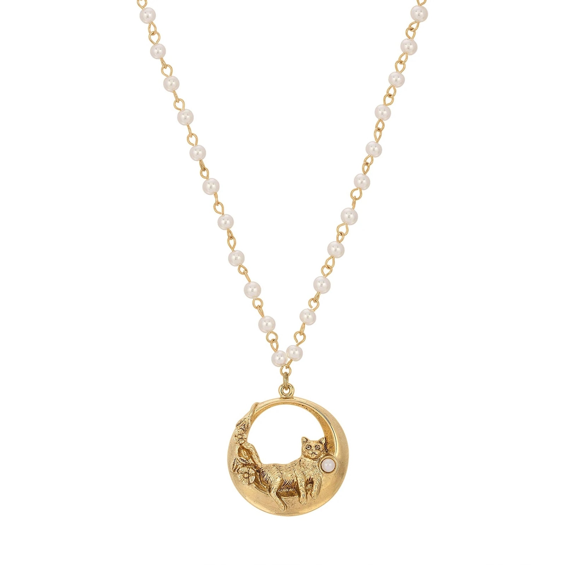 1928 Jewelry Faux Pearl And Cat Pendant Necklace