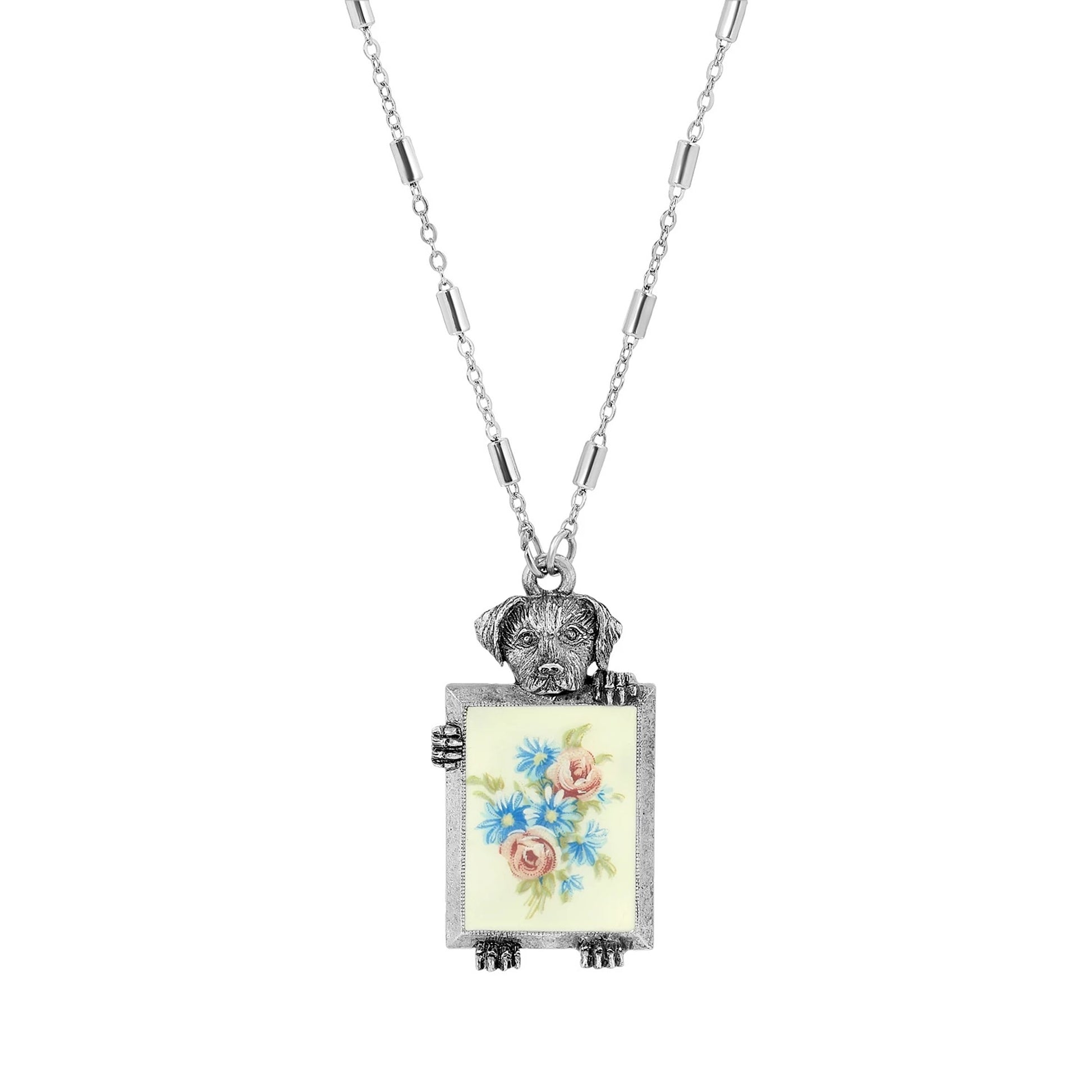1928 Jewelry Pewter Puppy with Floral Frame Decal Necklace