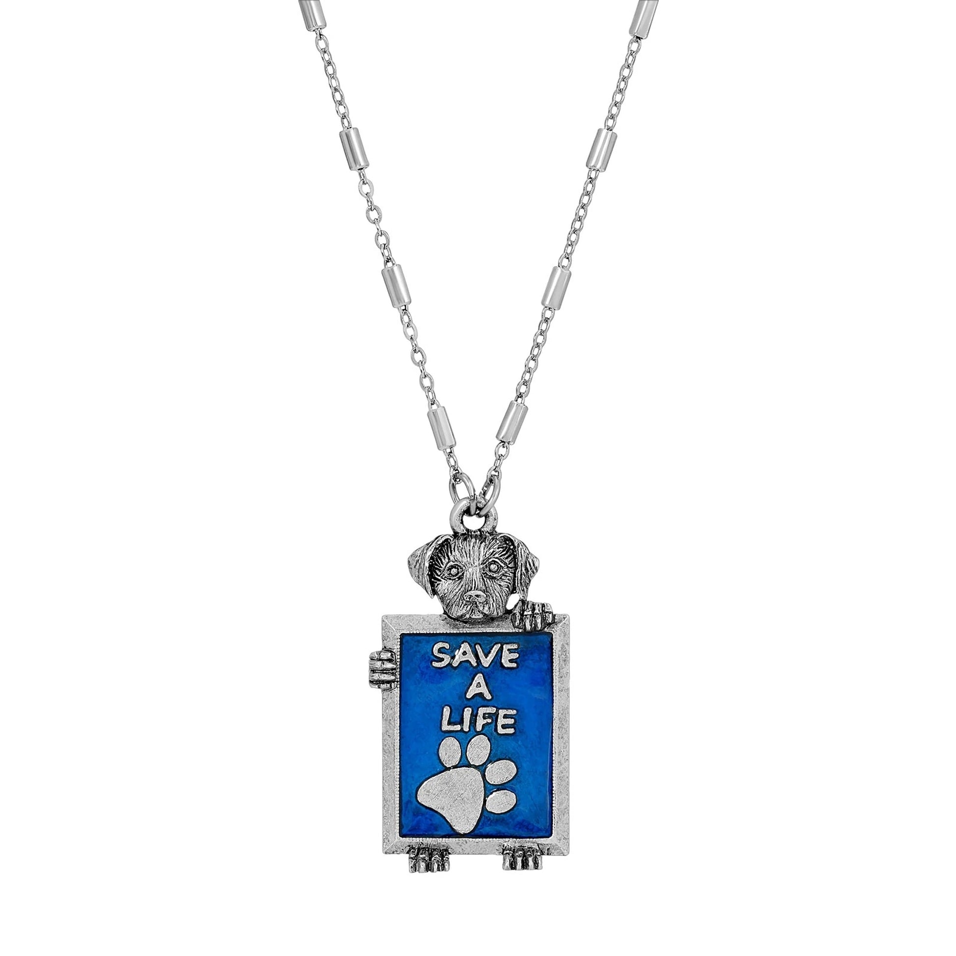 1928 Jewelry Pewter Dog Blue Enamel Save A Life Necklace