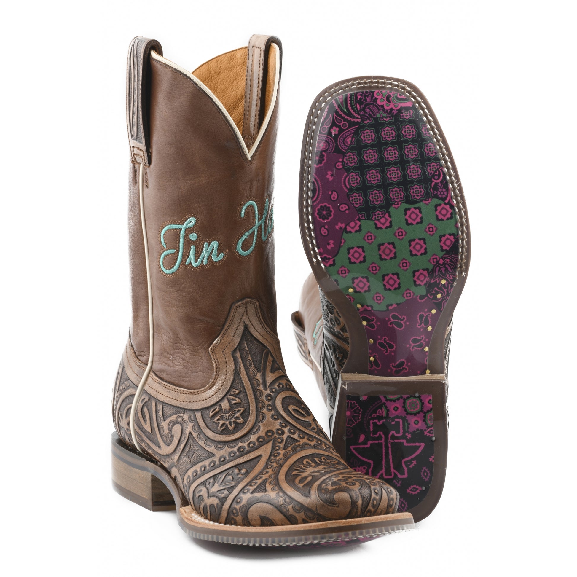 Tin Haul Ladies Square Toe Boots - Paisley Queen with Bandana Patchwork Sole
