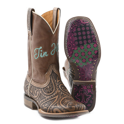 Tin Haul Ladies Square Toe Boots - Paisley Queen with Bandana Patchwork Sole