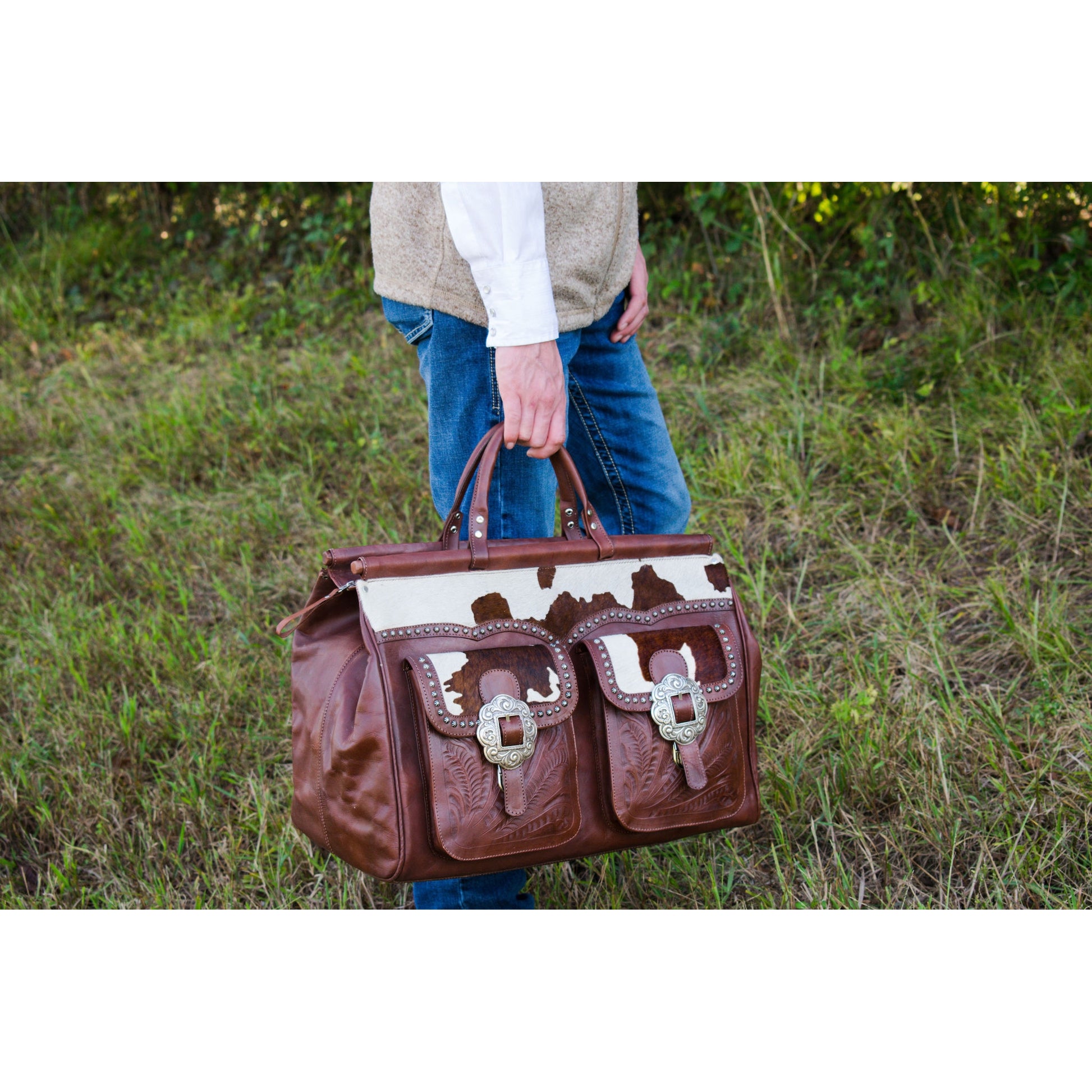 American West Cowtown Zip-Top Duffel Bag with Hair-On Hide