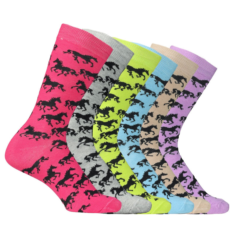 AWST Int'l Ladies Lila Galloping Horses Crew Socks - 6 Pack