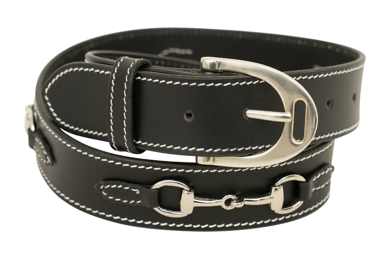 Huntley Equestrian Ladies Stirrup Buckle, Snaffle Bit, 1.5" Inch Width Leather Belt
