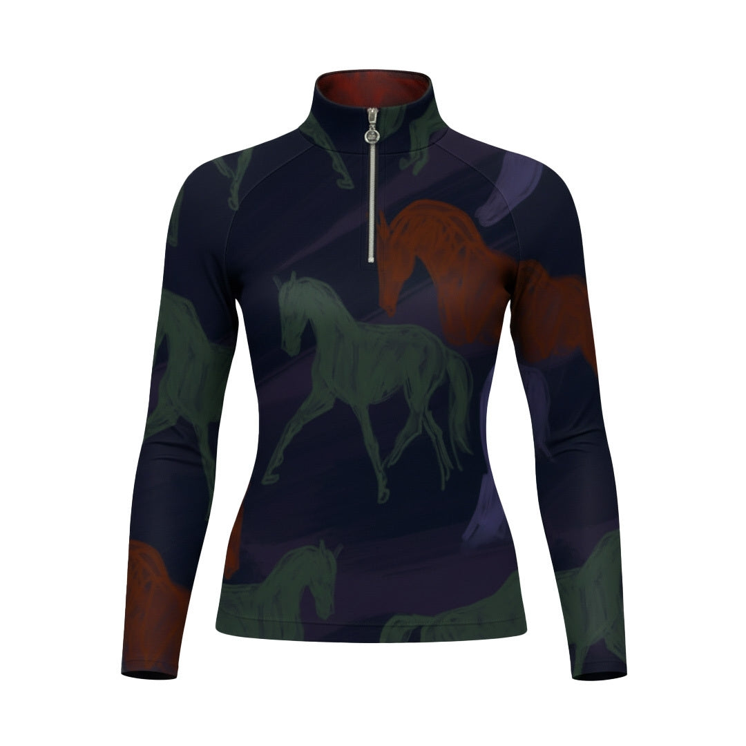 Dapplebay Ladies Abstract Horses 1/4 Zip LS Riding Top