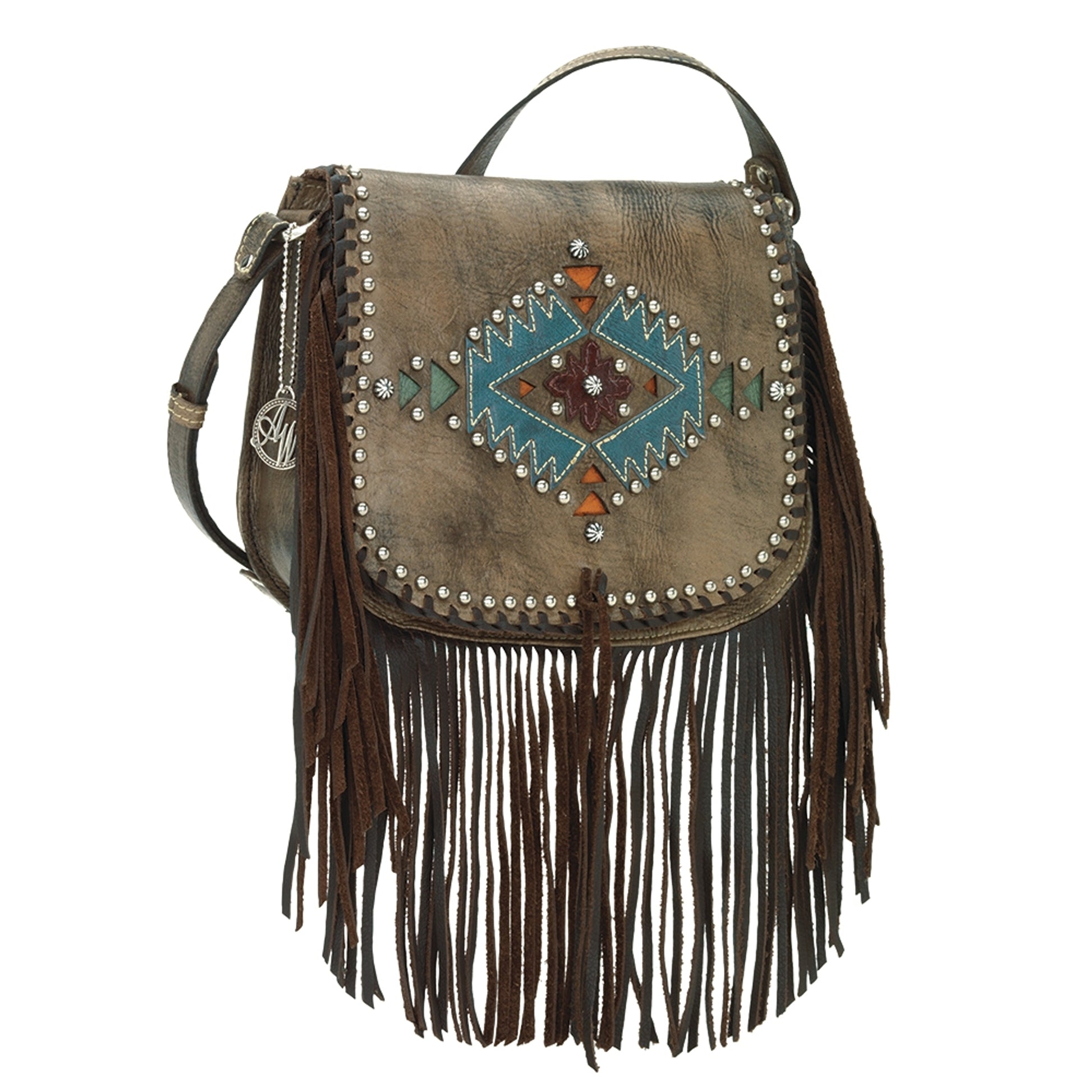 AMERICAN WEST Pueblo Moon Fringe Crossbody Flap Bag - Charcoal Brown
