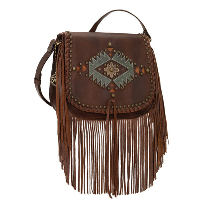AMERICAN WEST Pueblo Moon Fringe Crossbody Flap Bag - Charcoal Brown
