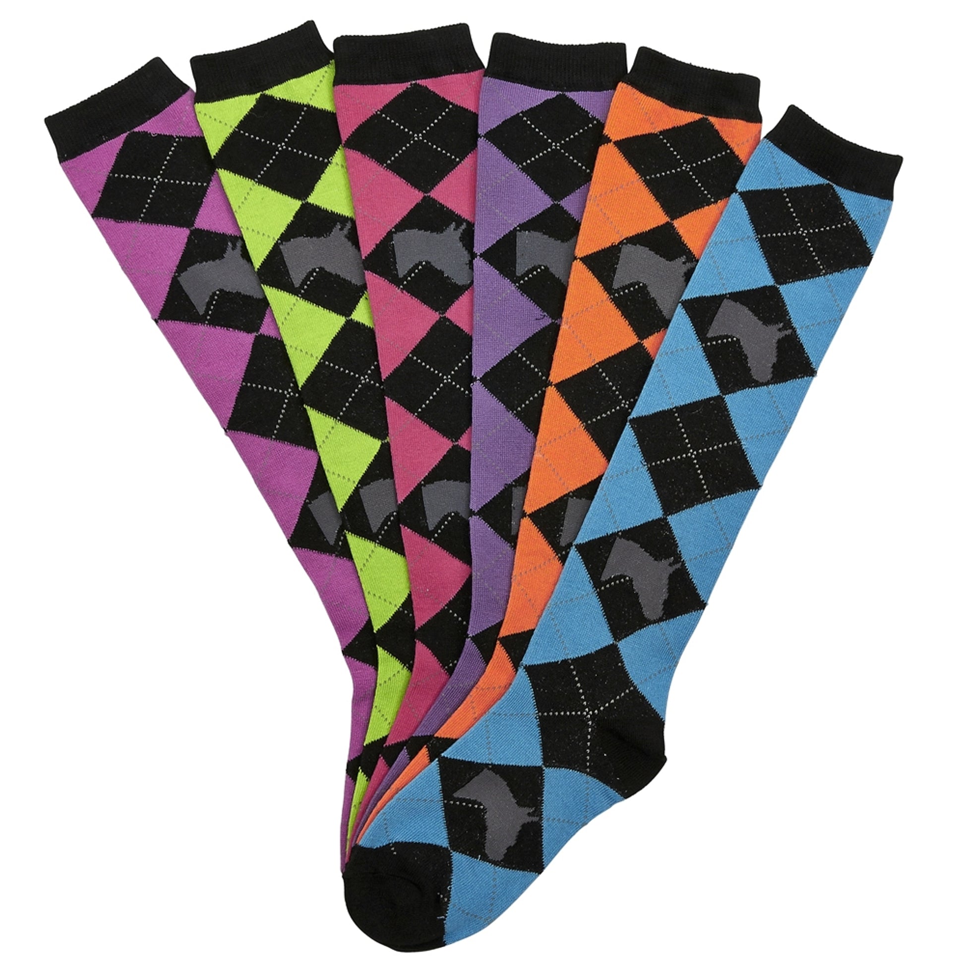 Ladies Horse Head Argyle Knee Socks - 6 Pack
