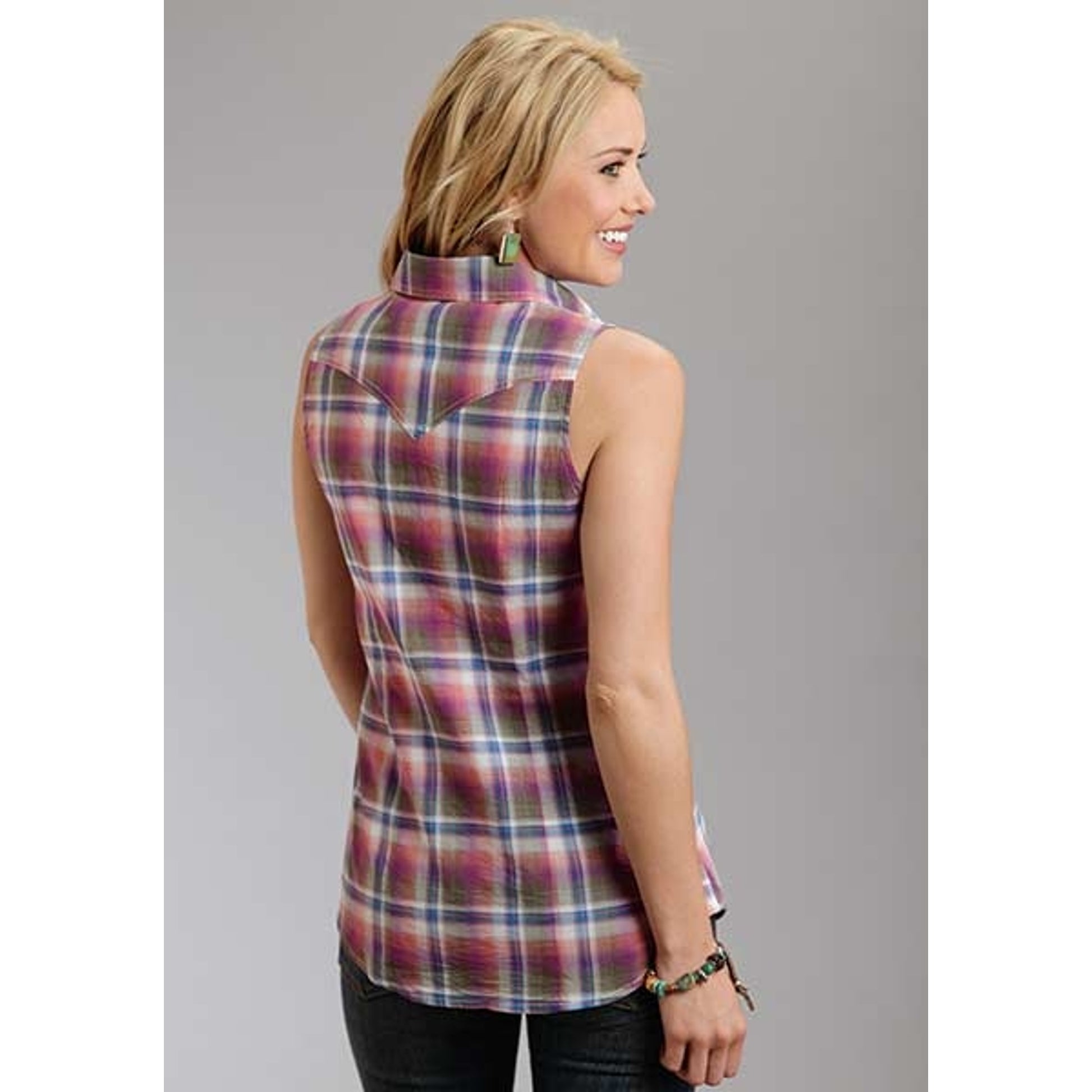 Stetson Ladies Spring I Plaid Sleeveless Western Snap Shirt - Orchid