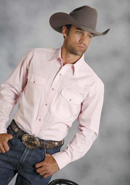 Roper Mens Poplin One Point Yoke Long Sleeve Variegated Snap Shirt - Pink