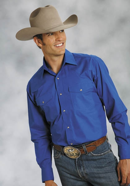 Roper Mens Poplin One Point Yoke Snap Shirt L Blu
