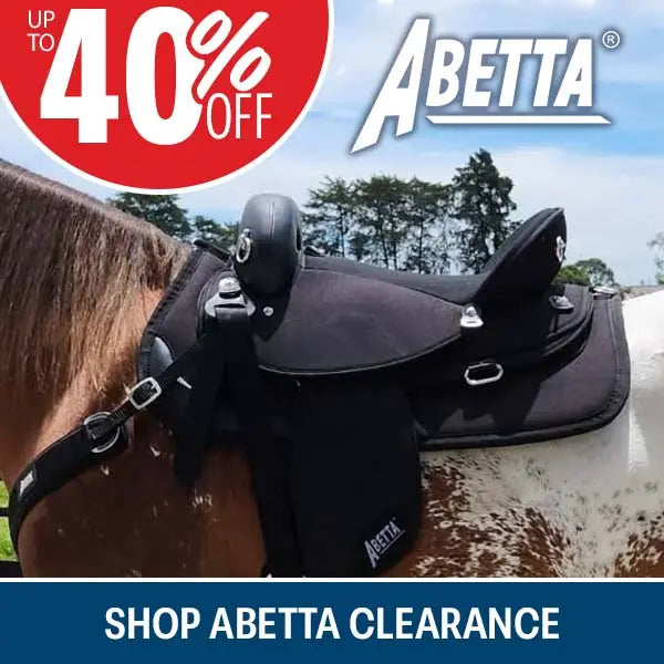 A close-up of a horse wearing a black Abetta saddle and tack, with a red promotional badge reading 'UP TO 40% OFF' and a blue banner at the bottom that says 'SHOP ABETTA CLEARANCE'.
