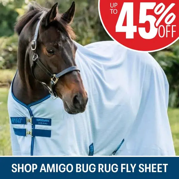 Horse wearing a white fly sheet with blue accents, promotional text overlay.
