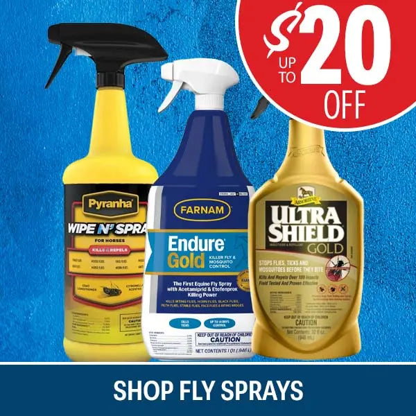 Three fly spray products displayed together against a bright blue textured background: a yellow PyraNinja Wipe-N-Spray bottle, a blue Farnam Endure Gold bottle, and a gold Ultra Shield Gold bottle. A red circular promotional badge at the top right reads 'UP TO 20 OFF', and a dark blue banner at the bottom says 'SHOP FLY SPRAYS'.