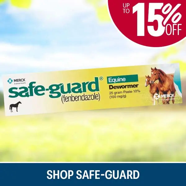 Merck Safe-guard Equine Dewormer shown on a blurred outdoor background with a red circular 'UP TO 15% OFF' badge and a blue banner reading 'SHOP SAFE-GUARD'.