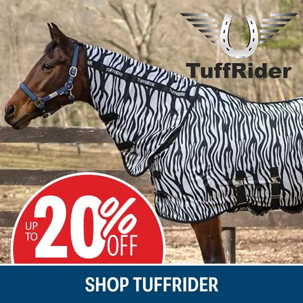 Horse wearing a zebra-patterned fly sheet with TuffRider branding and promotional text.
