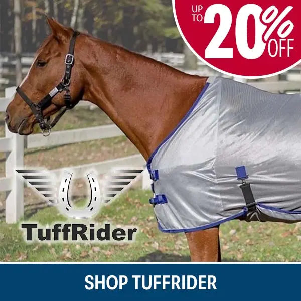 A brown horse wearing a fly sheet, shown outdoors in a paddock. The image includes a red circular 'UP TO 20% OFF' badge, the TuffRider logo, and a blue banner at the bottom reading 'SHOP TUFFRIDER'.