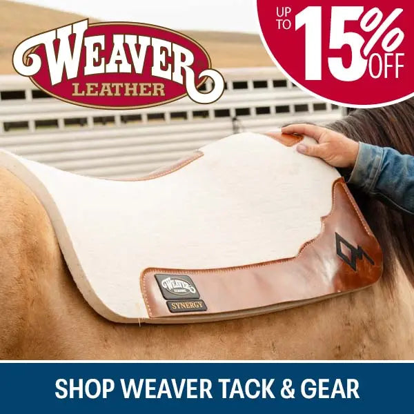 Weaver Leather saddle pad . The pad is cream-colored with brown leather trim and a small Weaver brand patch. Promotion for up to 15% off, shop Weaver tack and gear button