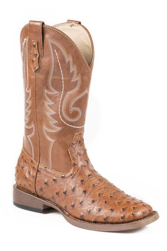 Roper Kids Sq Toe 9in Faux Ostrich Tan Boots