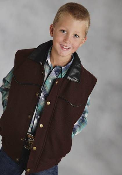 Roper Boys Faux Leather /Wool Vest Large Brown