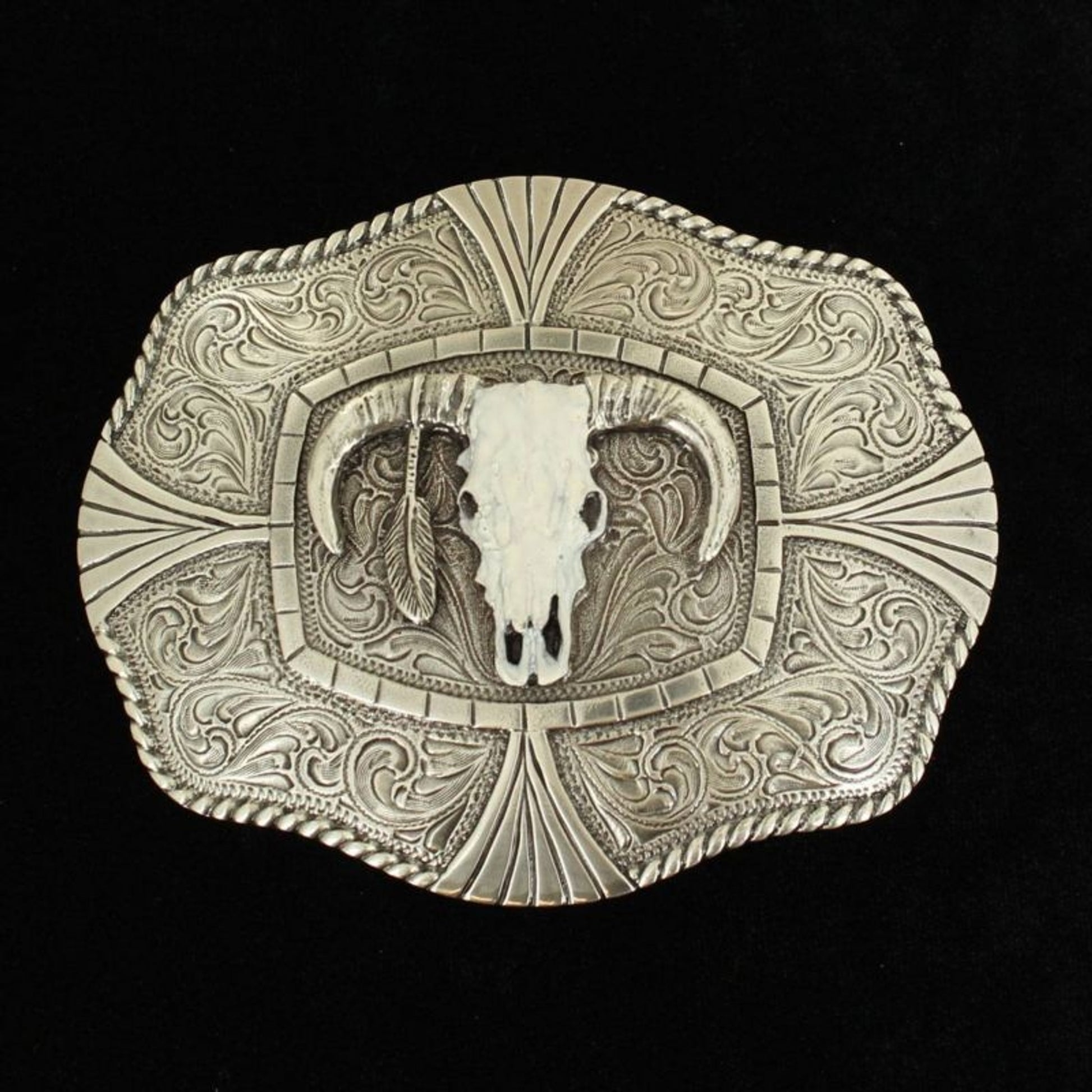 Nocona Mens Rect Roped Edge White Steer Buckle