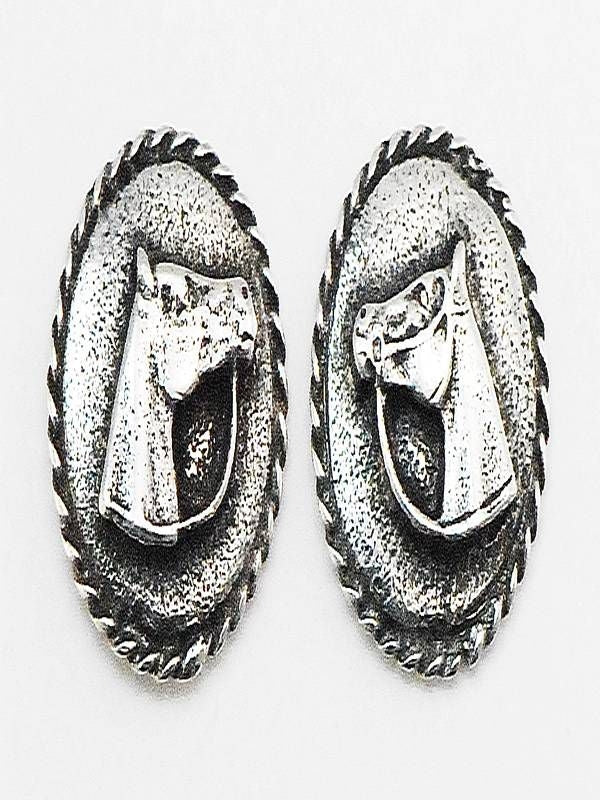 Horse Head With Reins On Disc Earrings Silver