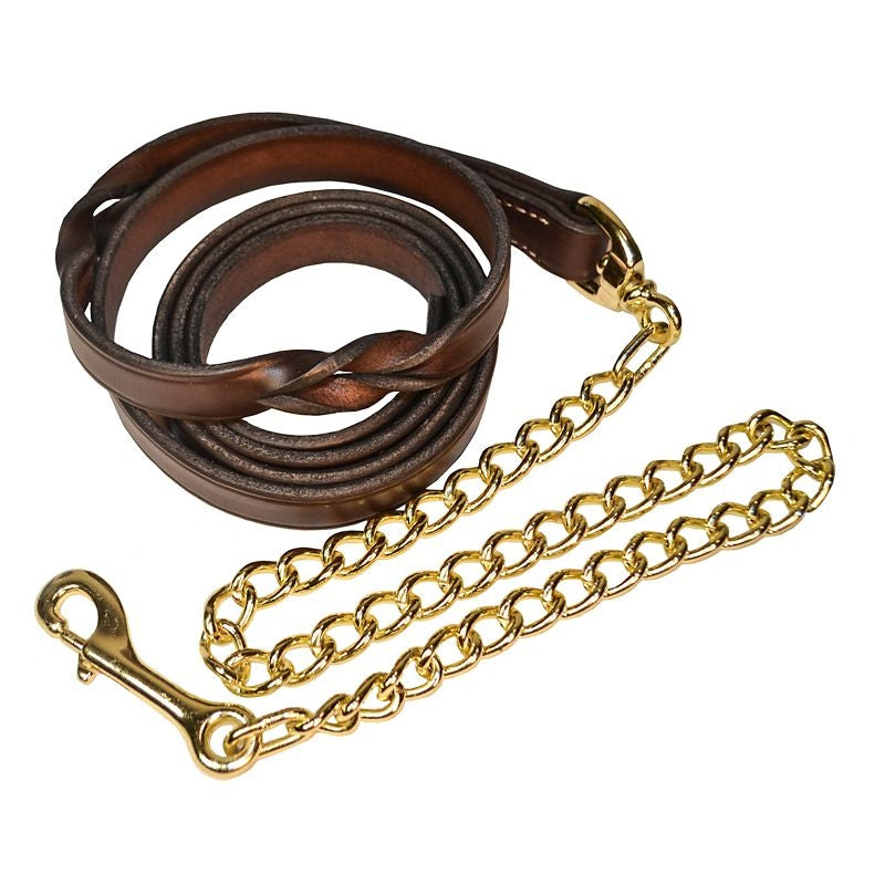Twisted Leather Lead with Brass Plated Chain 7ft Brn