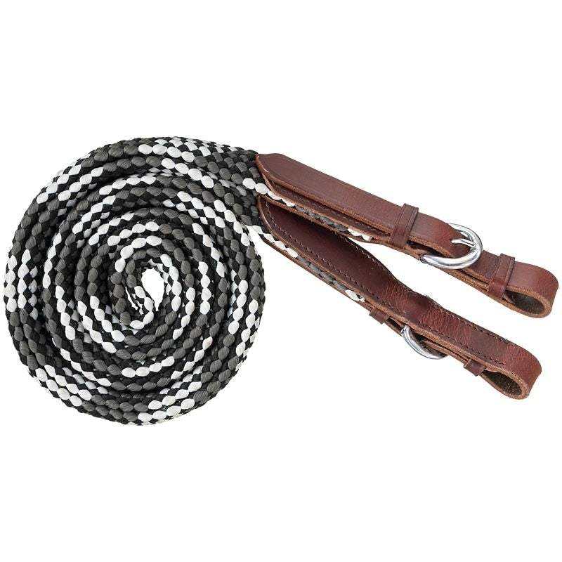 Tough1 7ft Flat Braided Trail Reins Black/Gray/Wht