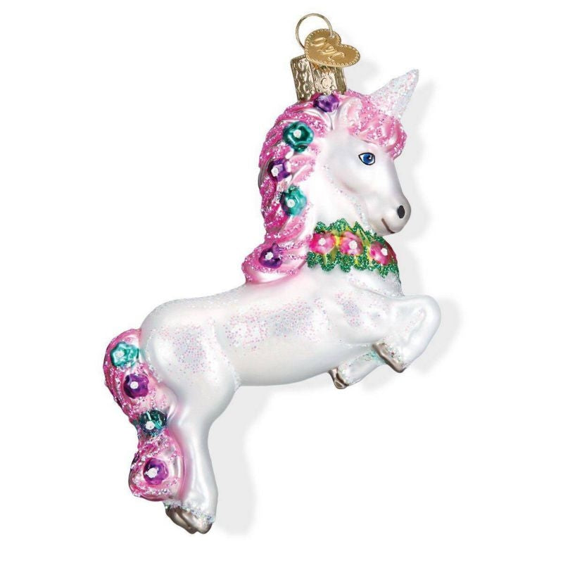 Glass Prancing Unicorn 4.75in Ornament