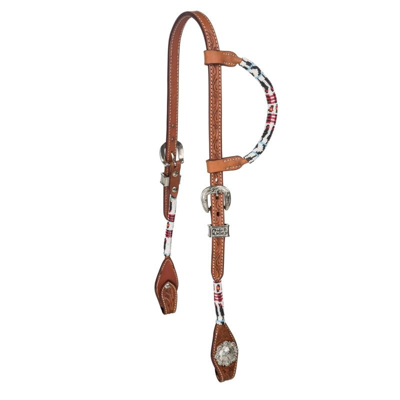 Tabelo Aztec Bead Headstall with Flower Tooling Nat