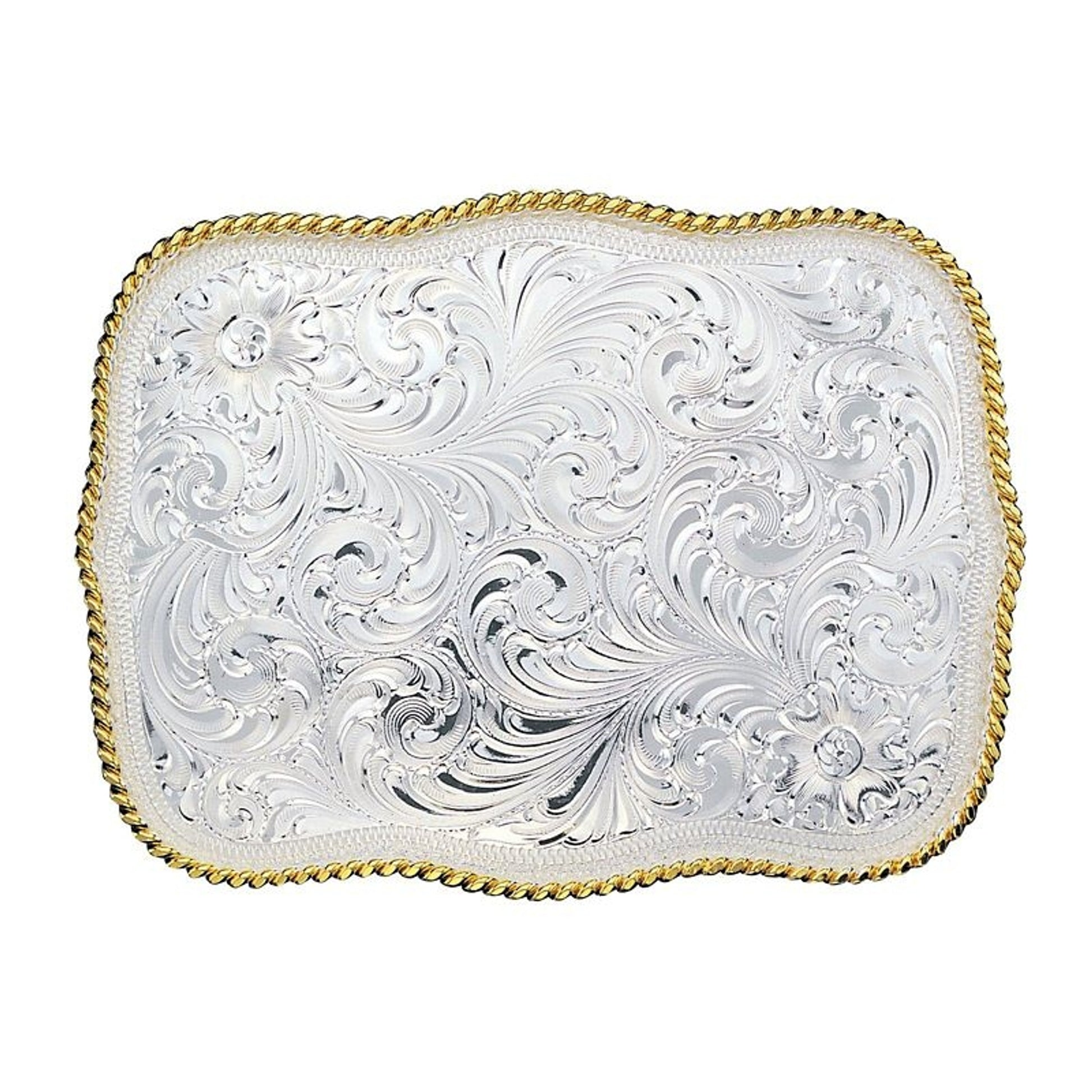 Scalloped Silver Engraved Western Belt Buckle Brn