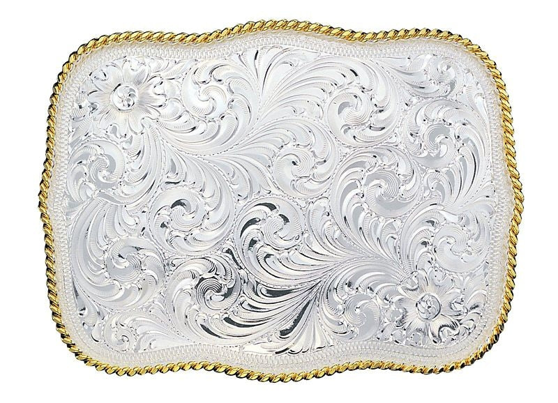 Scalloped Silver Engraved Western Belt Buckle Brn