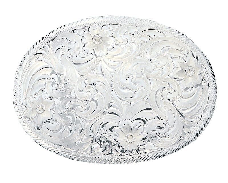 Silver Engrave Western Belt Buckle/Etch Trim Brn