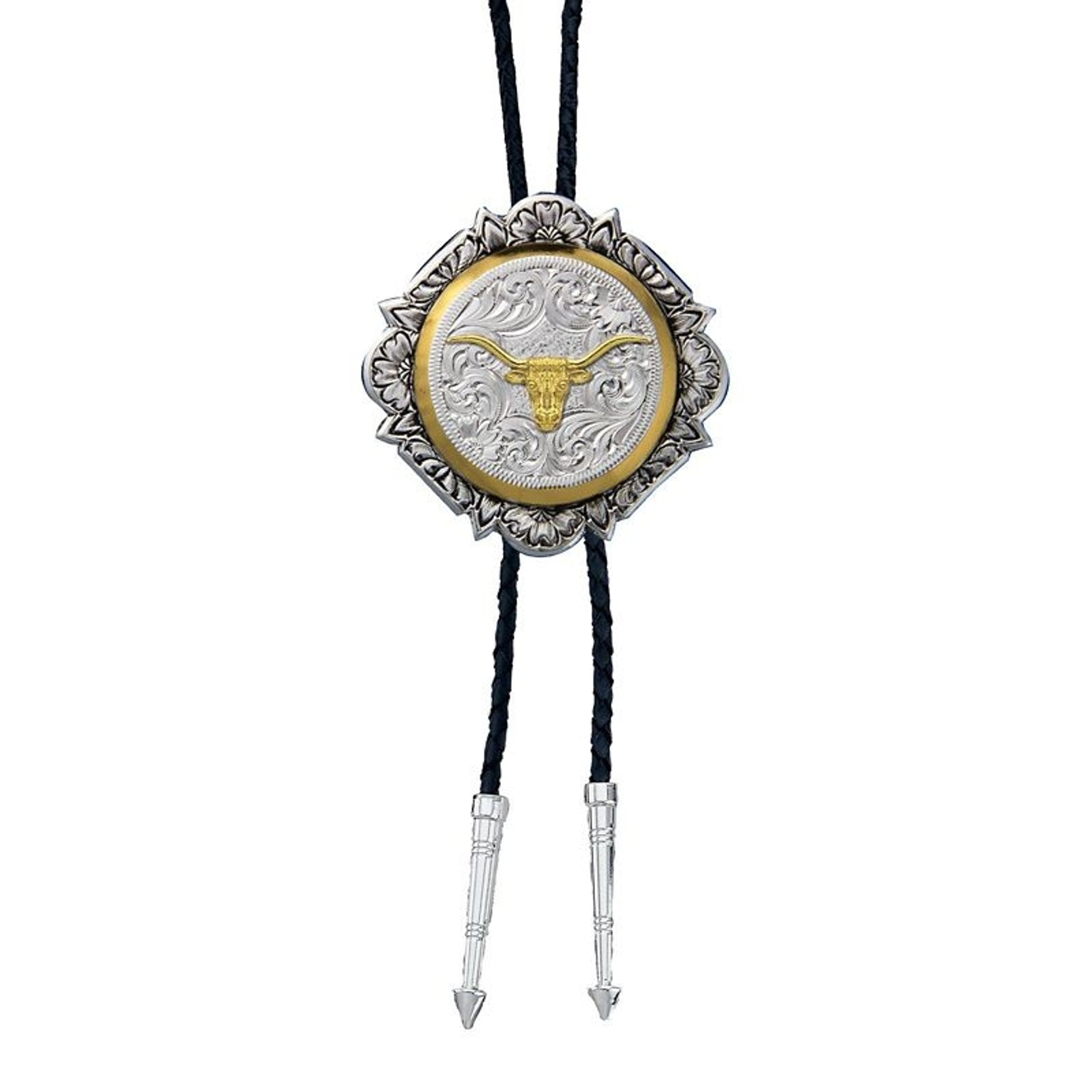 Montana Silver Gold Engraved Button Bolo Tie