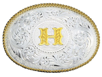 Initial Silver Engrave Gold Trim Belt Buckle B Brn
