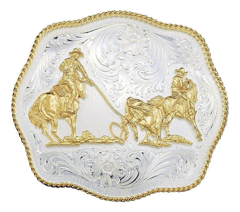 Scalloped Western Belt Buckle 4.5X3.75 Sil/Gold