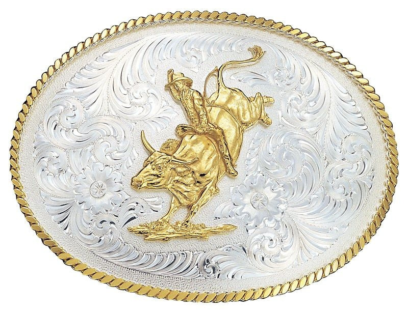 Montana Lg Engraved Belt Buckle with Bull Rider Slv