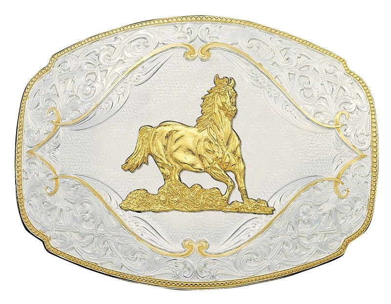 Gold Flourish Western Belt Buckle 4X3.25 Sil/Gold