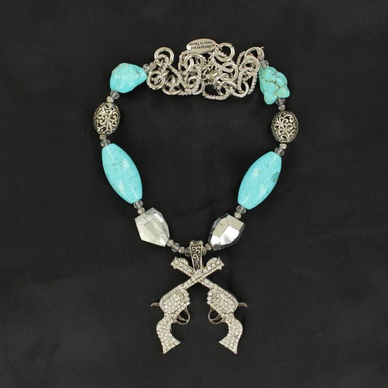 Blazin Roxx Pistols And Stone Necklace SetBk/Wh