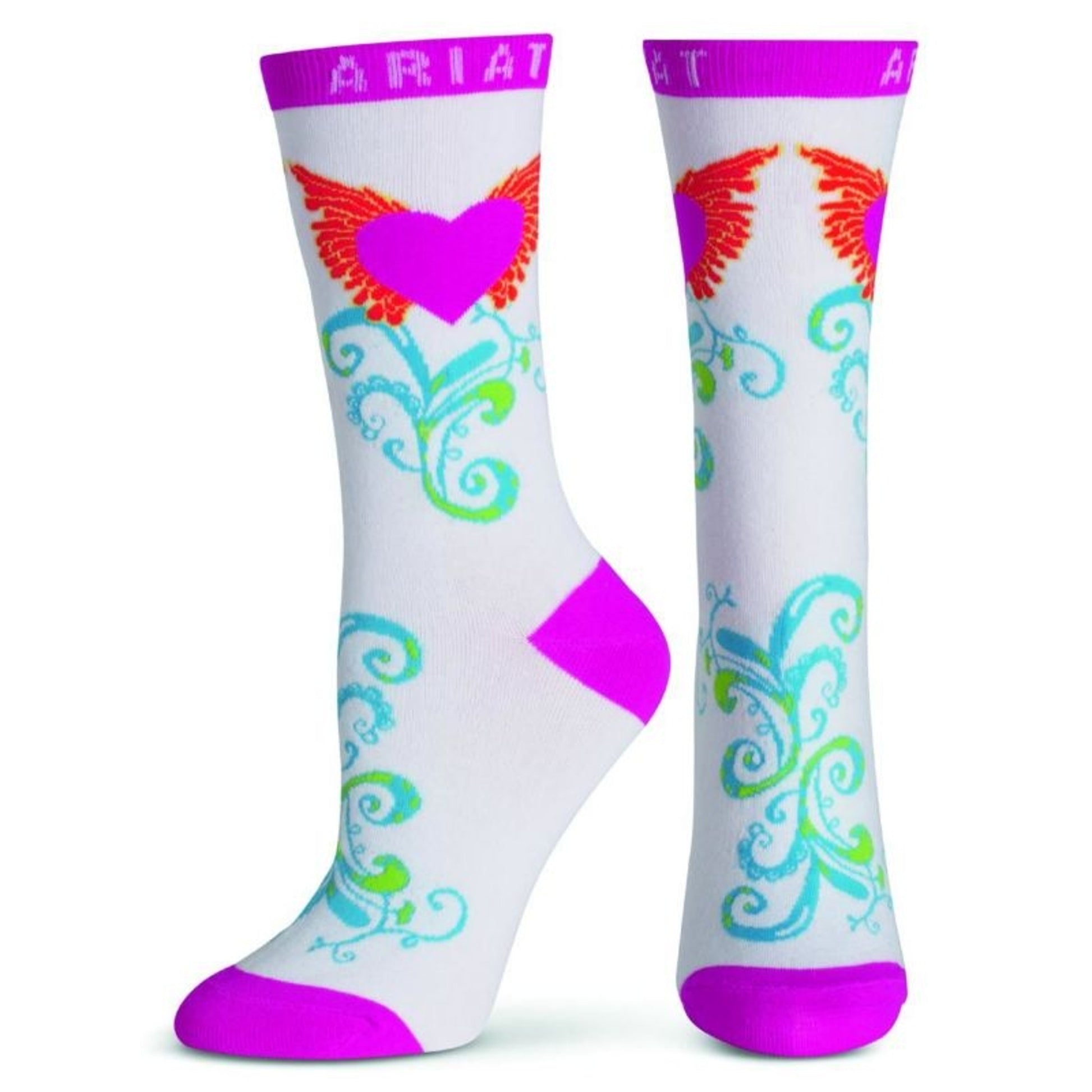 ARIAT Womens Wing Heart Crew Sock Wht Pink Tur