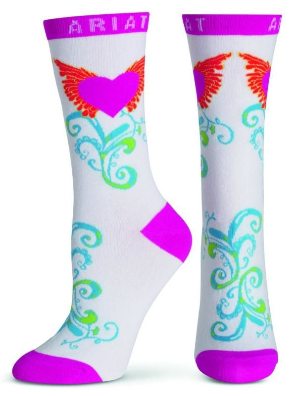 ARIAT Womens Wing Heart Crew Sock Wht Pink Tur