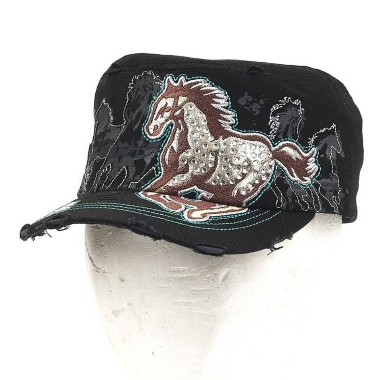Cadet Style Cap/Rhinestone Galloping Horse Blk