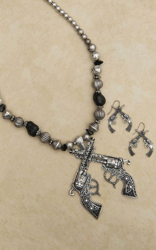 BlazinRoxx DoubleRevolver Necklace/Earring SetSil