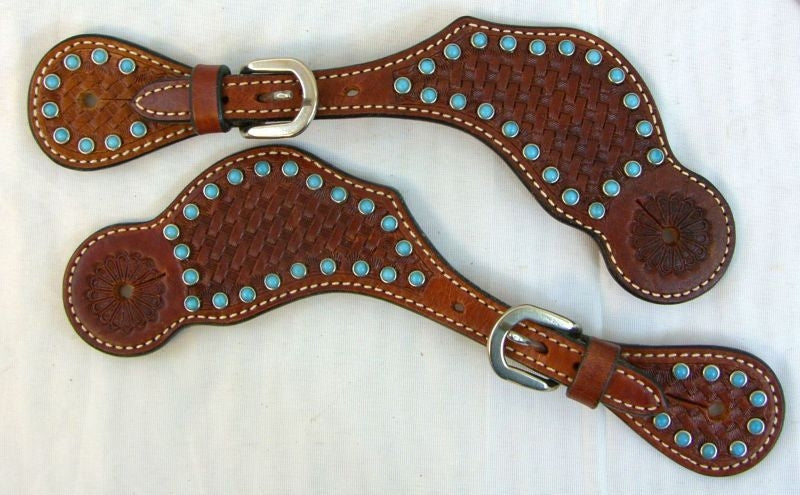 Western Spur Strap Stamped Basketweave with Turq Dots